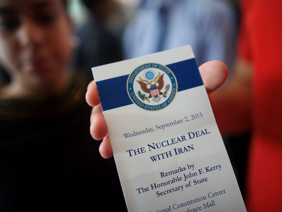 PHOTO: An attendee holds a ticket from the speech U.S. Secretary of State John Kerry delivered on the nuclear agreement with Iran at the National Constitution Center, Sept. 2, 2015, in Philadelphia.