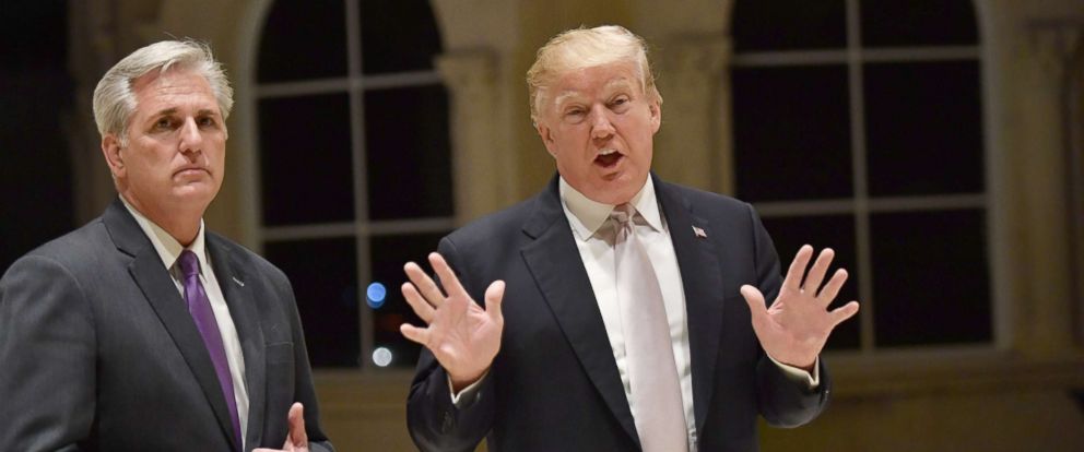 PHOTO: President Donald Trump speaks beside California Republican Congressman Kevin McCarthy at Trump International Golf Club in West Palm Beach, Jan. 14, 2018. 
