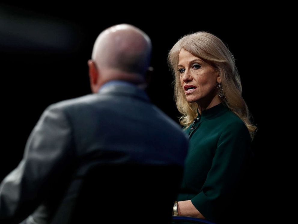 PHOTO: Counselor to President Donald Trump Kellyanne Conway speaks with forum moderator Michael Wolff at the Newseum in Washington, April 12, 2017, during The President and the Press: The First Amendment in the First 100 Days forum.