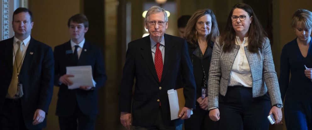 PHOTO: Senate Majority Leader Mitch McConnell walks to the chamber on the first morning of a government shutdown after a divided Senate rejected a funding measure last night, at the Capitol in Washington, D.C., Jan. 20, 2018.