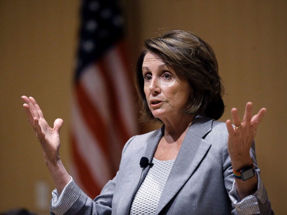 PHOTO: House Minority Leader Nancy Pelosi of Calif., speaks during a town hall-style meeting, Feb. 1, 2018, at the Cambridge Public Library, in Cambridge, Mass.