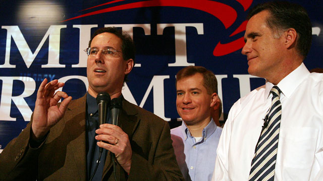 PHOTO: Sen. Rick Santorum speaks on behalf of republican presidential hopeful Mitt Romney during a campaign stop at a Dave and Buster's Restaurant in Maryland Heights, Missouri, Feb. 3, 2008.