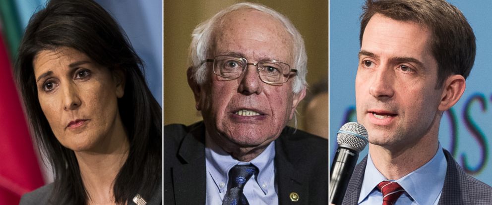 PHOTO: Pictured (L-R) are U.S. Ambassador to the United Nations Nikki Haley, Senator Bernie Sanders and Sen.Tom Cotton.