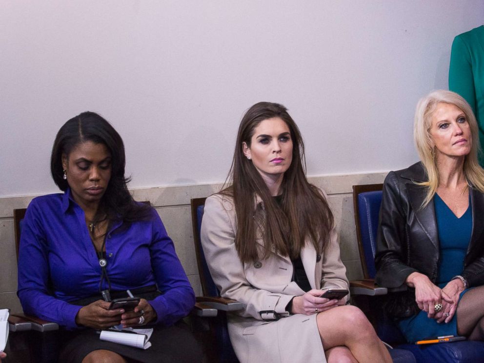 PHOTO: Omarosa Manigault, Hope Hicks and Kellyanne Conway attend a daily press briefing in the James Brady Press Briefing Room at the White House, Jan. 24, 2017 in Washington.