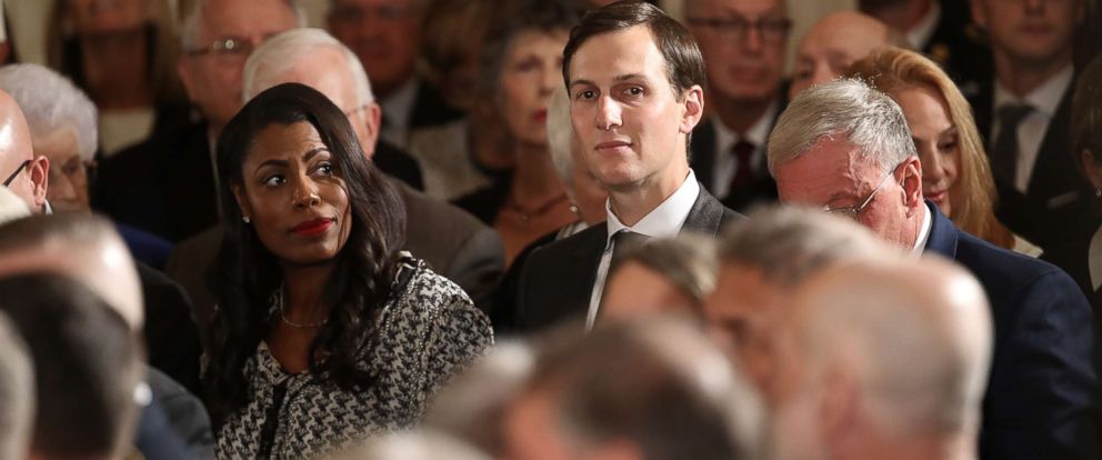 PHOTO: Omarosa Manigault and Jared Kushner attend a Medal of Honor ceremony in the East Room of the White House, Oct. 23, 2017 in Washington.