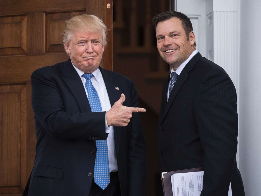 PHOTO: President-elect Donald Trump greets Kansas Secretary of State, Kris Kobach, at the clubhouse at Trump National Golf Club Bedminster in Bedminster Township, N.J., Nov. 20, 2016.
