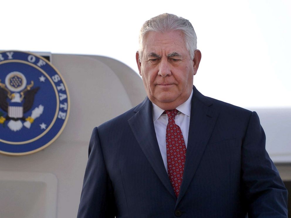 PHOTO: Secretary of State Rex Tillerson comes down from his plane upon his arrival at Pakistans Nur Khan military airbase in Islamabad, Oct. 24, 2017.