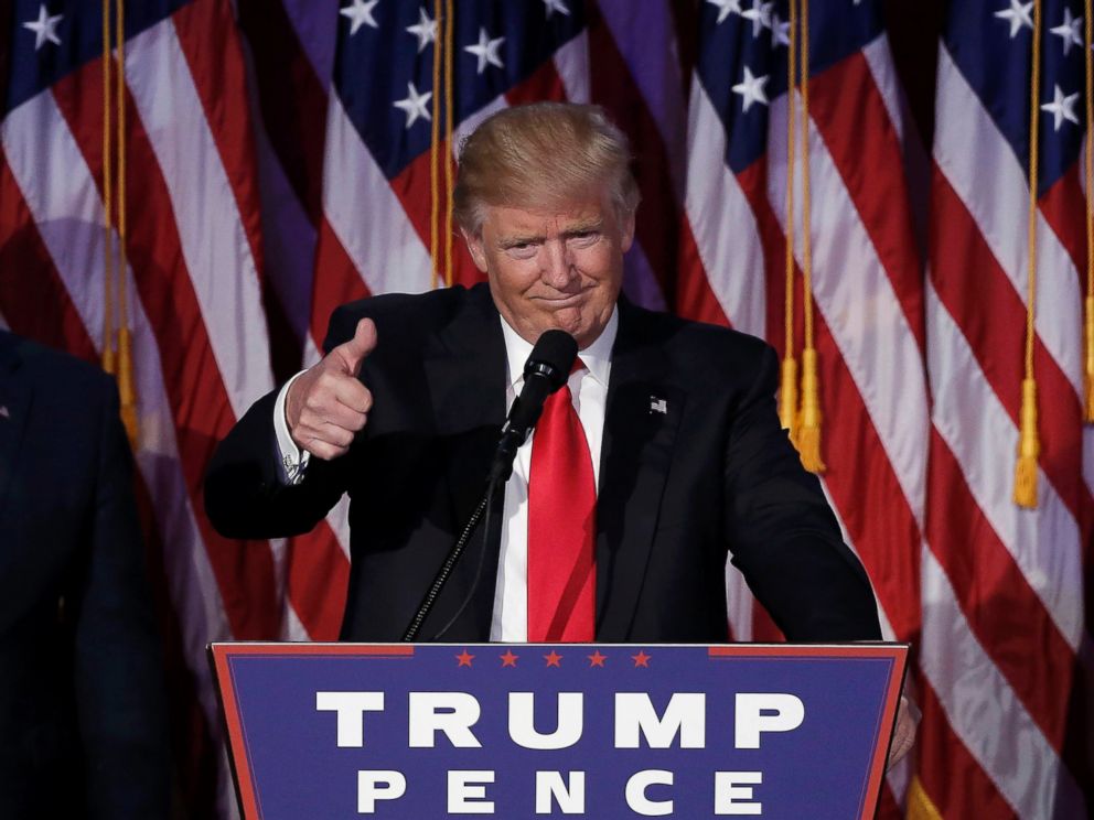 PHOTO: President-elect Donald Trump greets supporters during his election night rally in New York, Nov. 9, 2016. 