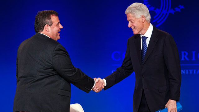 PHOTO: Former U.S. President Bill Clinton greets New Jersey Governor Chris Christie during the Clinton Global Initiative America meeting in Chicago, June 14, 2013.