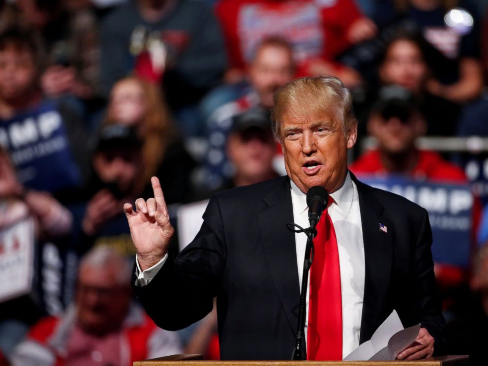 PHOTO: Presidential candidate Donald Trump speaks during a campaign rally at the Allen County War Memorial Coliseum in Fort Wayne, Indiana, May 1, 2016.