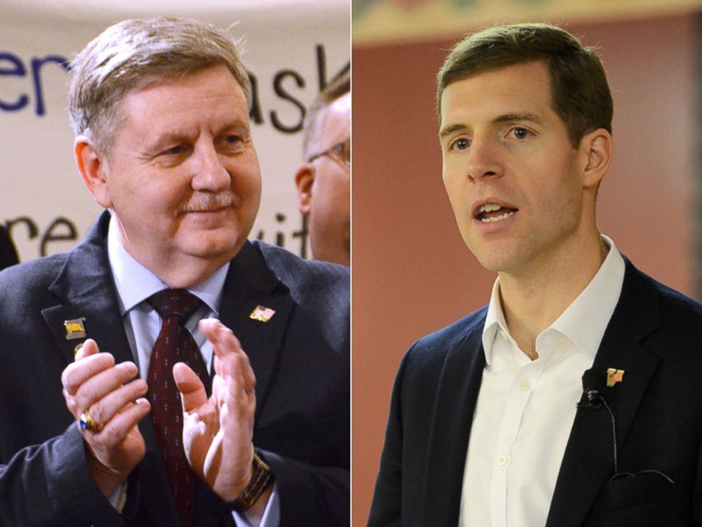 PHOTO: Republican state Rep. Rick Saccone applauds before he is introduced at his campaign event, Feb. 27, 2017, in Harrisburg, Pa. | Conor Lamb delivers a speech at his campaign rally in Houston, Penn., Jan. 13, 2018.