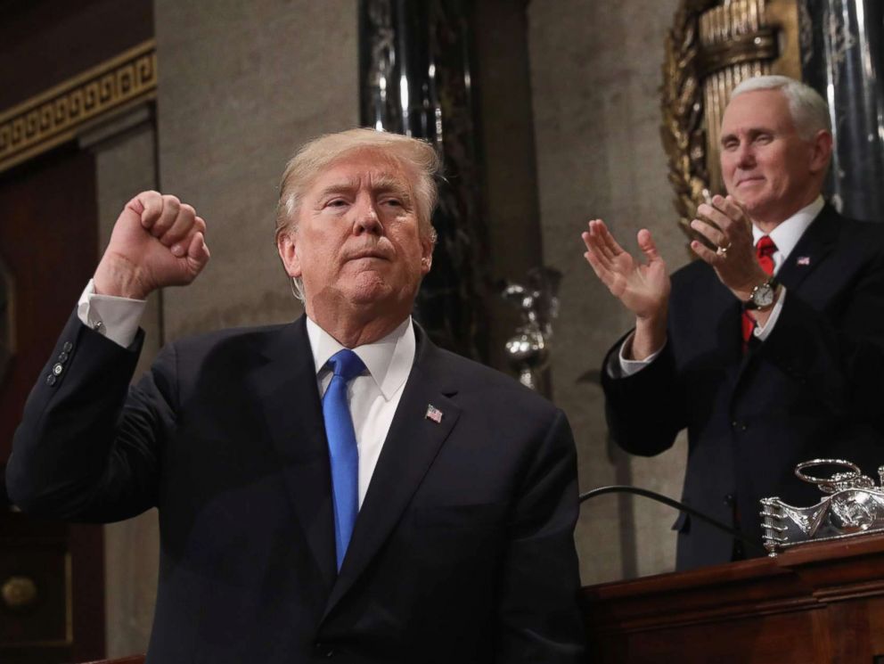 PHOTO: President Donald Trump gestures after his State of the Union address in the chamber of the U.S. House of Representatives in Washington, Jan. 30, 2018.