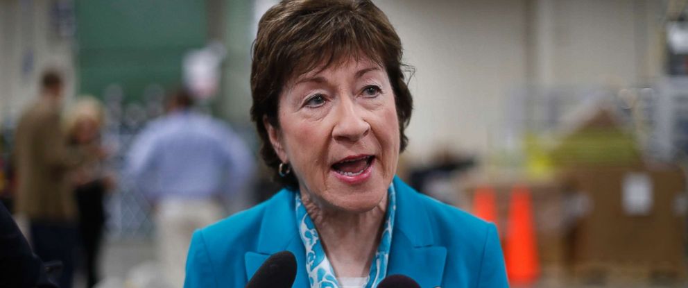 PHOTO: Sen. Susan Collins speaks to members of the media while attending an event in Lewiston, Maine, Aug. 17, 2017. 