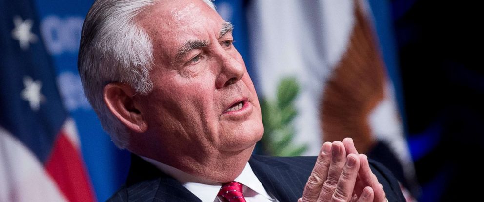 PHOTO: Secretary of State Rex Tillerson speaks at a Woodrow Wilson Center event in the Reagan Building November 28, 2017 in Washington, DC.