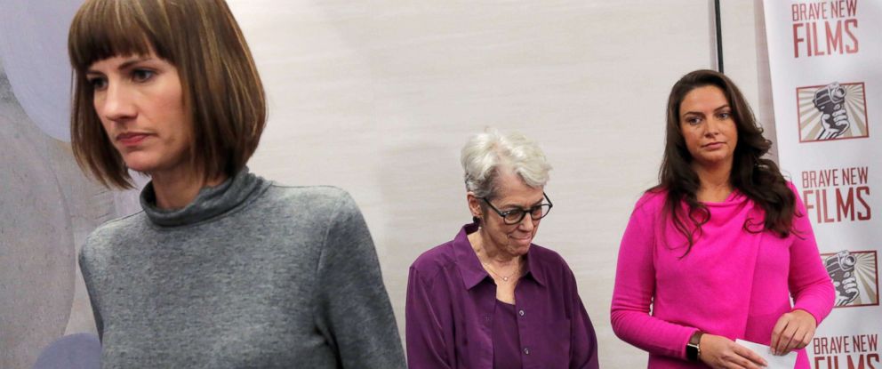Rachel Crooks, Jessica Leeds and Samantha Holvey exit a news conference for the film "16 Women and Donald Trump" which focuses on women who have publicly accused President Trump of sexual misconduct, in New York City.
