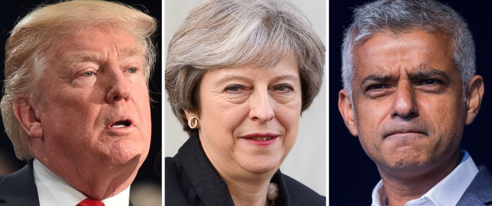 PHOTO: President Donald Trump, British Prime Minister Theresa May and London Mayor Sadiq Khan are pictured in file photos from 2017.