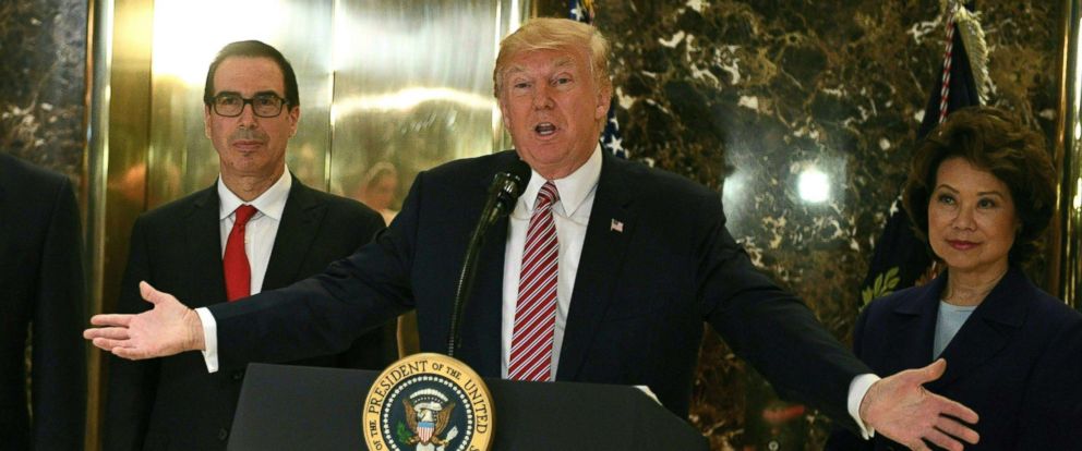 PHOTO: President Donald Trump speaks to the press about protests in Charlottesville, V.A., in the lobby at Trump Tower in New York on August 15, 2017.