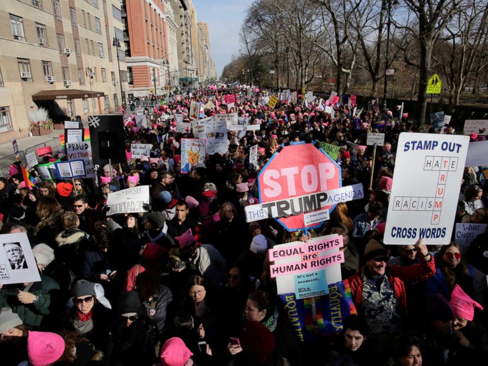 PHOTO: People take part in the Womens March in Manhattan in New York, Jan. 20, 2018.