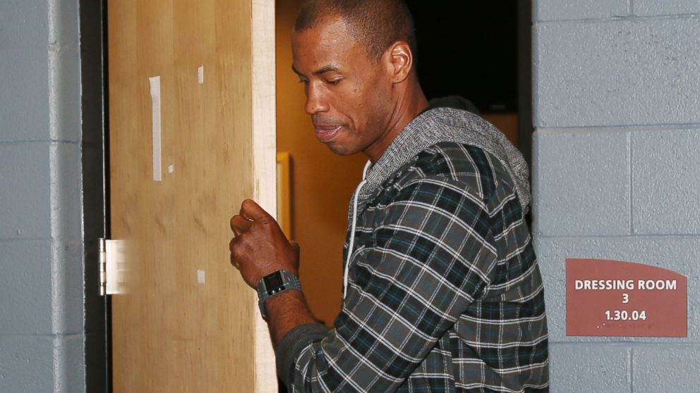 PHOTO: Brooklyn Nets center Jason Collins leaves a dressing room where he met with the parents of Matthew Shepard, who was killed as part of an anti-gay hate crime in Laramie, Wyo., in 1998, after the Nets game against the Denver Nuggets, Feb. 27, 2014.