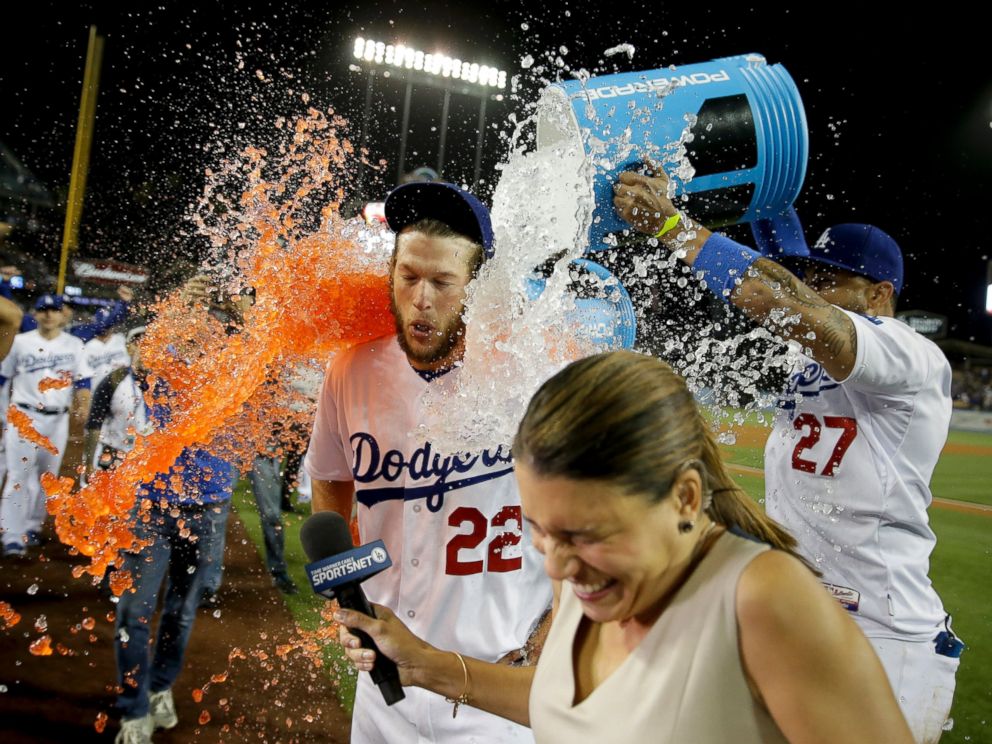 PHOTO: Los Angeles Dodgers pitcher Clayton Kershaw gets showered with sports drink following his no-hitter against the Colorado Rockies, June 18, 2014.