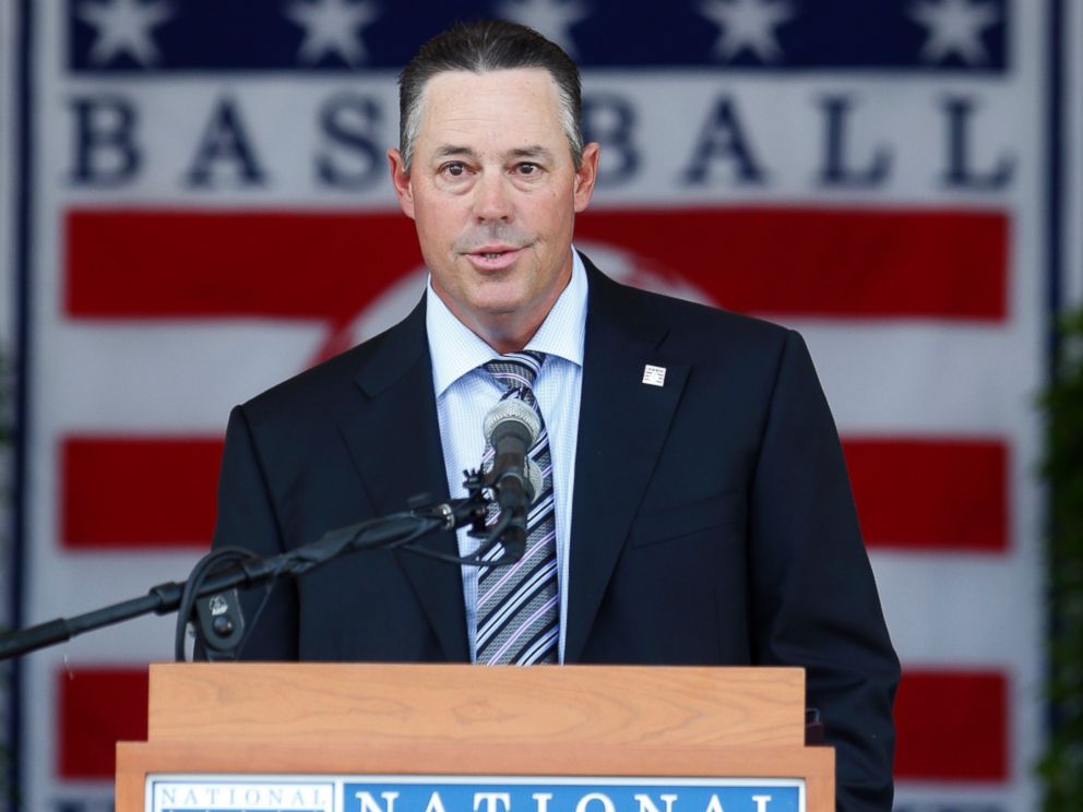 PHOTO: National Baseball Hall of Fame inductee Greg Maddux speaks during an induction ceremony at the Clark Sports Center, July 27, 2014, in Cooperstown, N.Y.