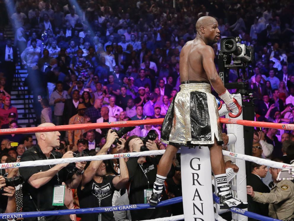 PHOTO: Floyd Mayweather Jr., reacts on his corner after the welterweight title fight against Manny Pacquiao, from the Philippines, on Saturday, May 2, 2015 in Las Vegas.