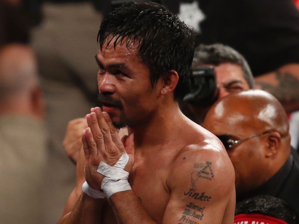 PHOTO: Manny Pacquiao, from the Philippines, greets fans after his welterweight title against Floyd Mayweather Jr., on Saturday, May 2, 2015 in Las Vegas.