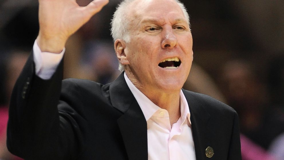 PHOTO: San Antonio Spurs head coach Gregg Popovich yells to an official during an NBA game against the Phoenix Suns, April 11, 2014, in San Antonio.