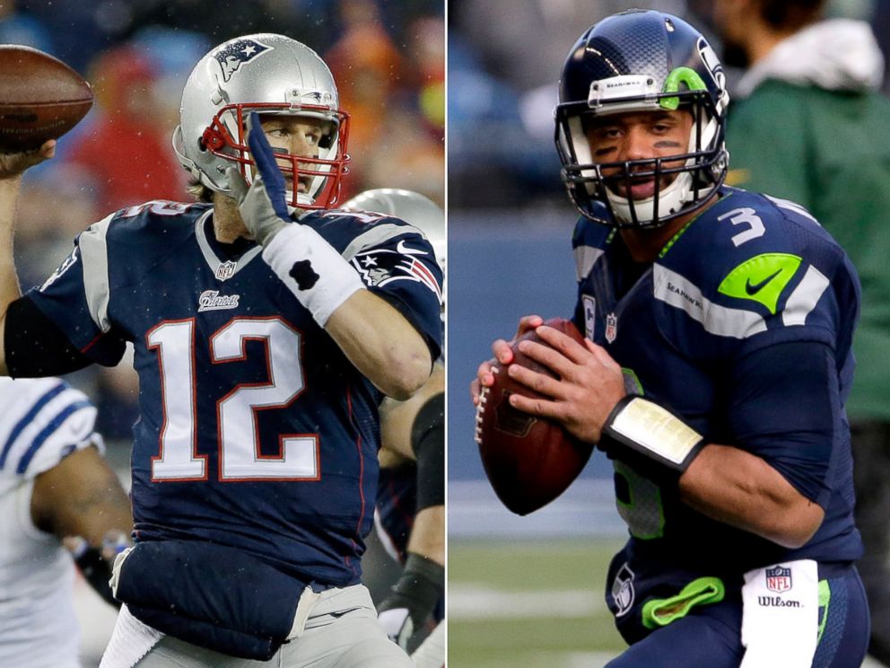 PHOTO: From left, Tom Brady in Foxborough, Mass., Jan. 18, 2015 and Russell Wilson in Seattle, Wash., Jan. 18, 2015.