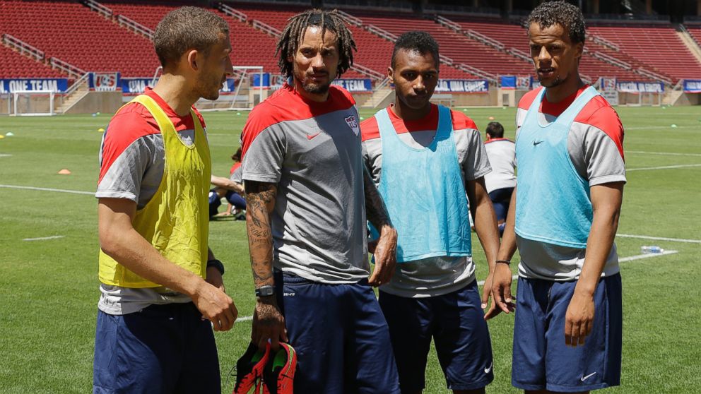 PHOTO: U.S. soccer players, from left, Fabian Johnson, Jermaine Jones, Julian Green, and Timothy Chandler meet after a practice in preparation for the World Cup tournament, in Stanford, Calif., May 22, 2014.