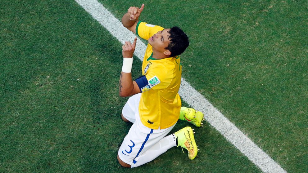 PHOTO: Brazils Thiago Silva celebrates after scoring his sides first goal during the World Cup quarterfinal soccer match between Brazil and Colombia at the Arena Castelao in Fortaleza, Brazil, July 4, 2014.