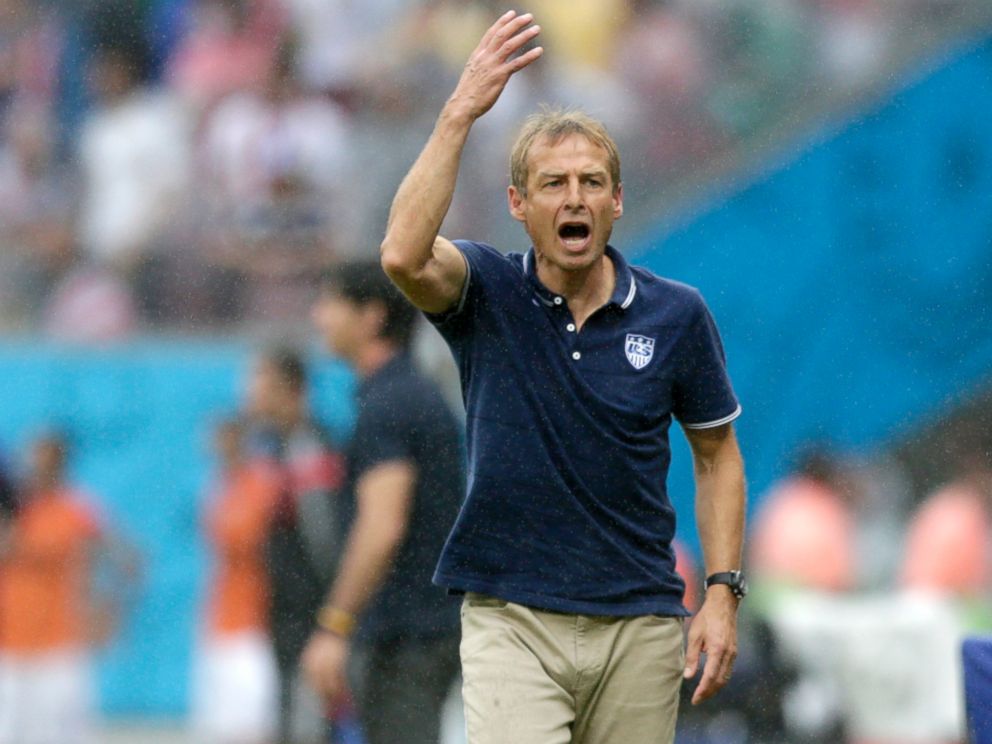 PHOTO: United States head coach Juergen Klinsmann questions a call during the group G World Cup soccer match between the United States and Germany at the Arena Pernambuco in Recife, Brazil, June 26, 2014.