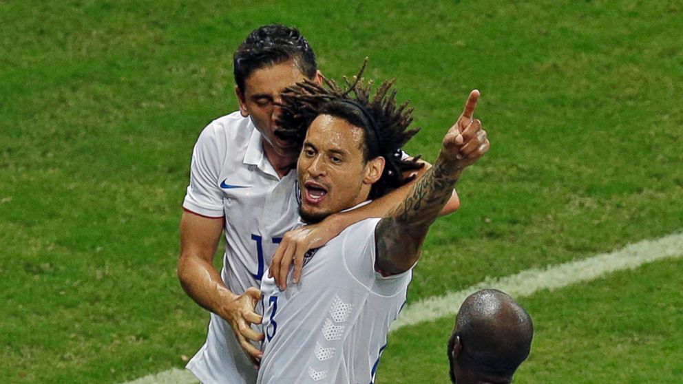 PHOTO: United States Jermaine Jones, center, celebrates scoring a goal during the group G World Cup soccer match between the USA and Portugal at the Arena da Amazonia in Manaus, Brazil, June 22, 2014.