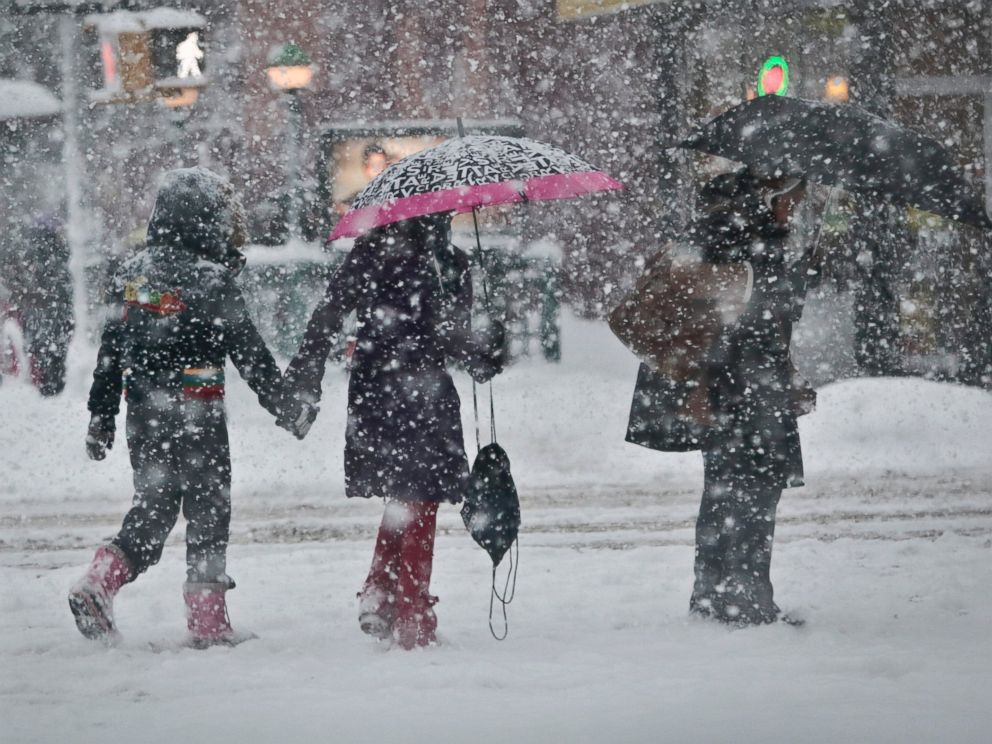 PHOTO: Pedestrians walk along Nostrand Avenue as snowfall blankets the area, Feb. 13, 2014, in the Flatbush section of the Brooklyn borough of N.Y.