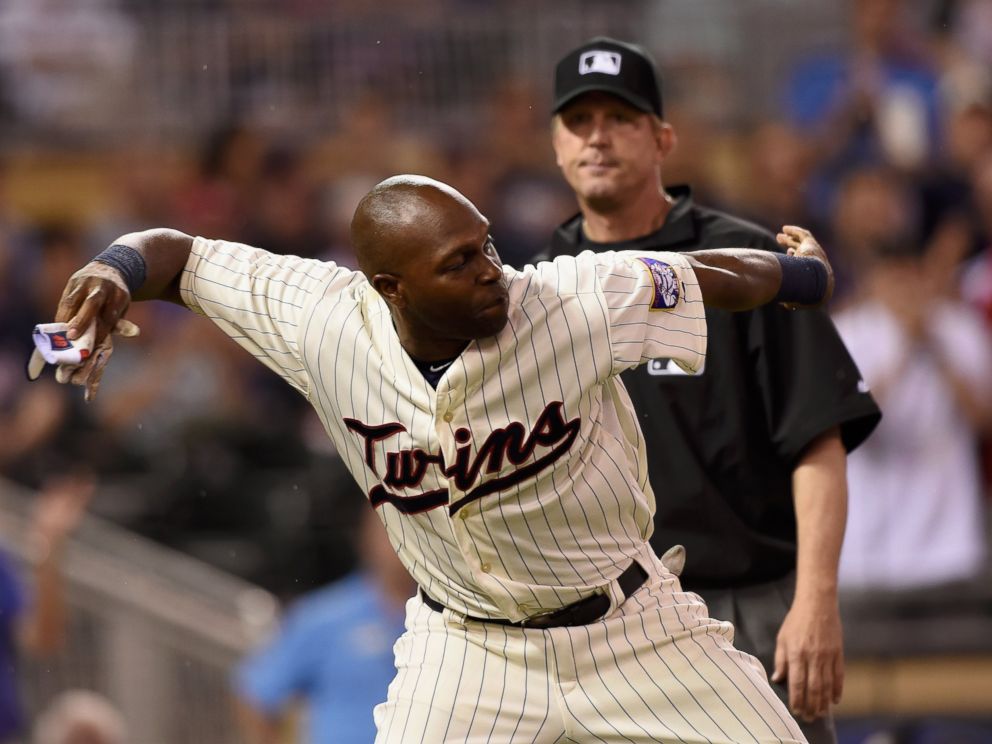 PHOTO: Torii Hunter throws his batting glove onto the field after being ejected from the game against the Kansas City Royals during the eighth inning on June 10, 2015 at Target Field in Minneapolis, Minnesota.