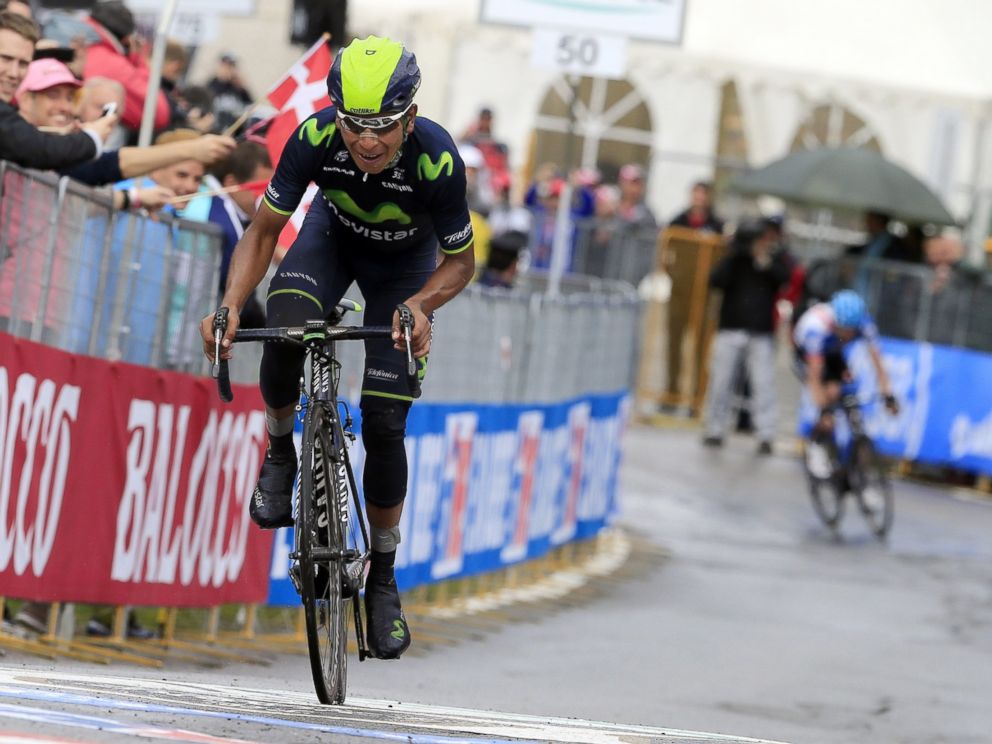 PHOTO: Colombias Nairo Quintana rides and wins the 16th stage of the 97th Giro dItalia (Tour of Italy) cycling race, 139 km from Ponte di Legno to Val Martello, on May 27, 2014 in Val Martello.