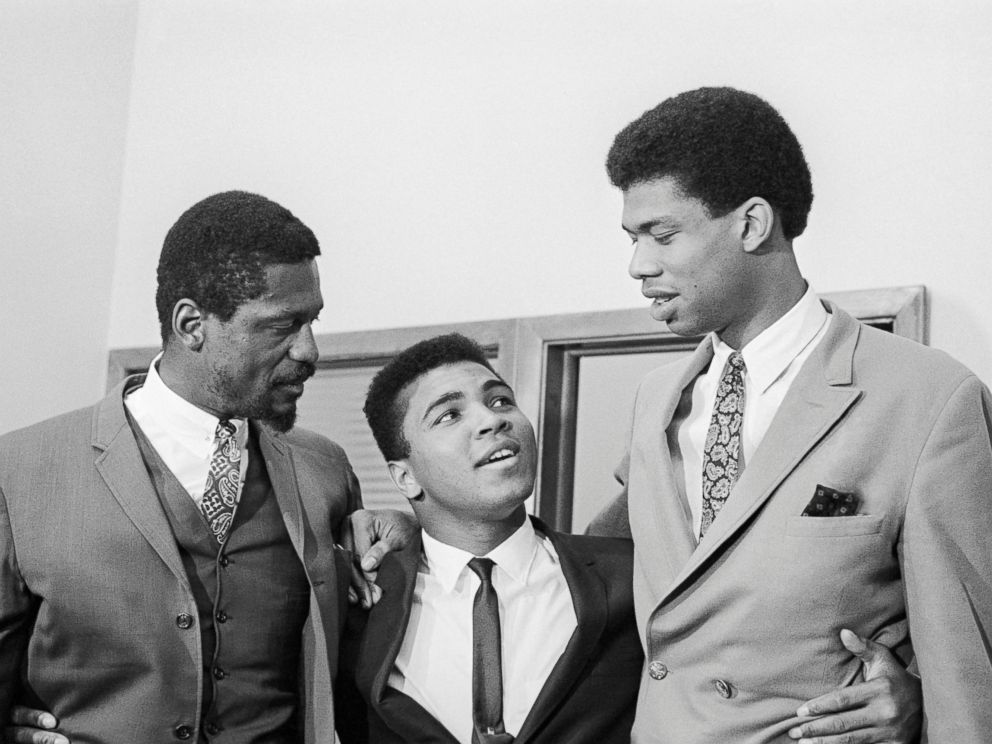 PHOTO: Bill Russell, left, Cassius Clay and Lew Alcindor, later Kareem Abdul-Jabbar, speak at a press conference rejecting US Army induction, June 1967.