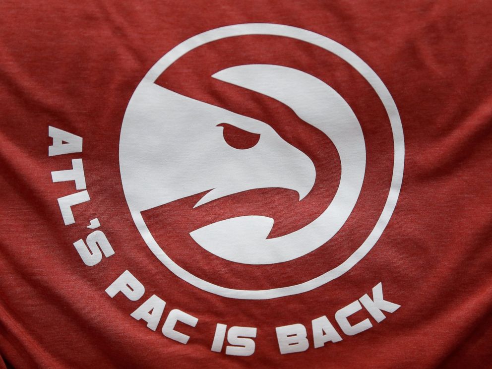 PHOTO: The Atlanta Hawks introduced their secondary logo on t-shirts that were distributed to fans during the 2014 NBA Playoffs at Philips Arena on May 1, 2014 in Atlanta, Ga. 