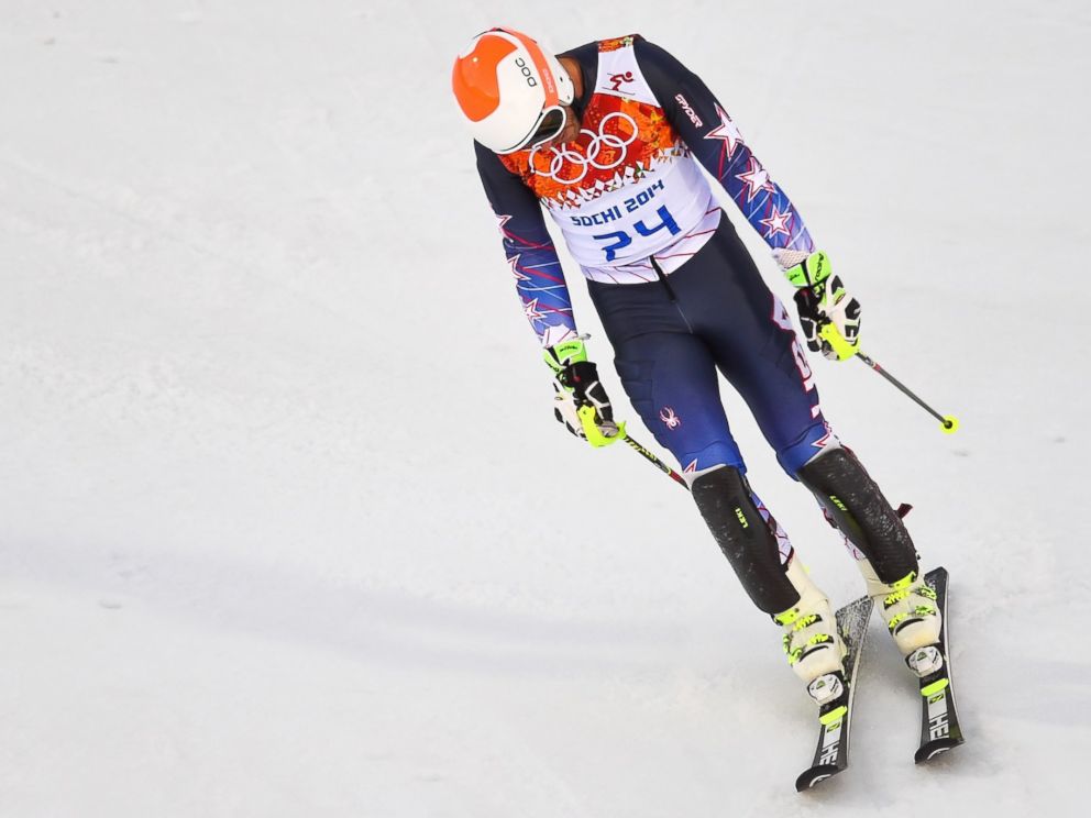 PHOTO: US skier Bode Miller reacts after the Mens Alpine Skiing Super Combined Slalom at the Rosa Khutor Alpine Center on Feb. 14, 2014.