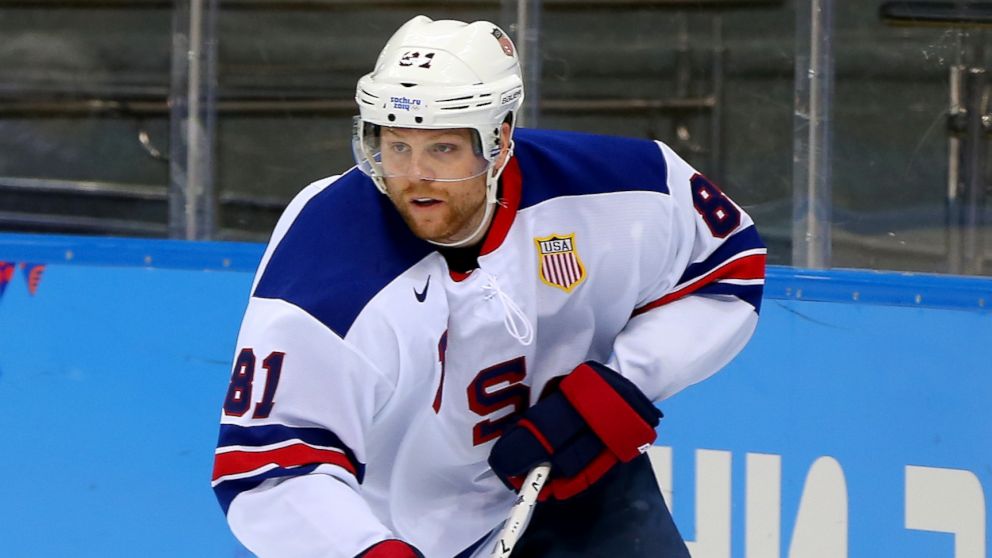 PHOTO: Phil Kessel #81 of the United States handles the puck during the 2014 Winter Olympics mens ice hockey game at Shayba Arena Sunday, Feb. 16, 2014, in Sochi, Russia.