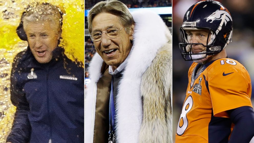 PHOTO: (L to R): Seahawks head coach Pete Carroll, Jets legend Joe Namath, and Broncos QB Peyton Manning contributed to key moments during Super Bowl XLVIII.