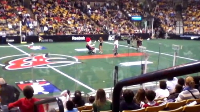VIDEO: Boston Blazers' mascot Scorch received lap dances during half-time show.