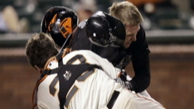 PHOTO: San Francisco Giants catcher Buster Posey suffered a leg fracture and torn ligaments when Floridas Scott Cousins barreled into him at home plate in the 12th inning of the Marlins-Giants game May 25, 2011.