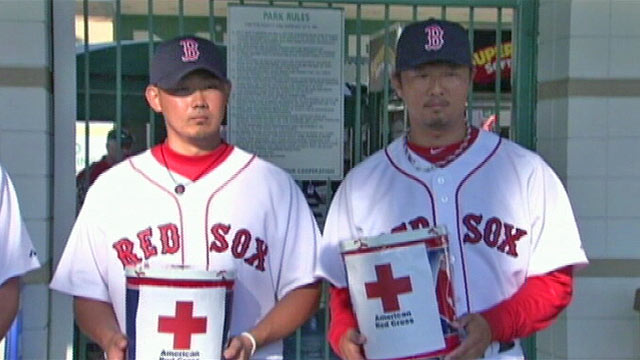 PHOTO: Seen here former player Hideki Okajima, right, and active roster Boston Red Sox player Daisuke Matsuzaka.