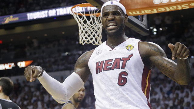PHOTO: Miami Heat small forward LeBron James reacts after being fouled during the second half in Game 7 of the NBA basketball championship against the San Antonio Spurs, Thursday, June 20, 2013, in Miami.