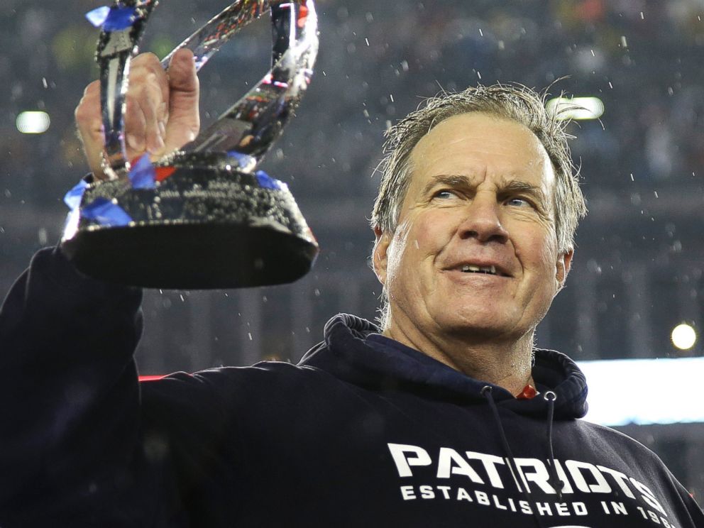 PHOTO: New England Patriots head coach Bill Belichick holds the championship trophy after the NFL football AFC Championship game on Jan. 18, 2015, in Foxborough, Mass.