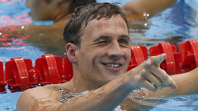 PHOTO: Ryan Lochte reacts after finishing first in the men's 400-meter individual medley swimming final at the Aquatics Centre in the Olympic Park during the 2012 Summer Olympics in London, Saturday, July 28, 2012.