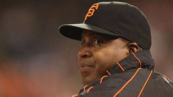 Barry Bonds #25 of the San Francisco Giants looks on during action against the San Diego Padres September 24, 2007 at AT&T Park in San Francisco, California.