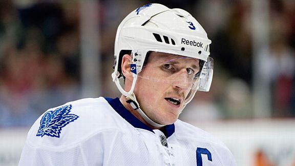 Dion Phaneuf #3 of the Toronto Maple Leafs