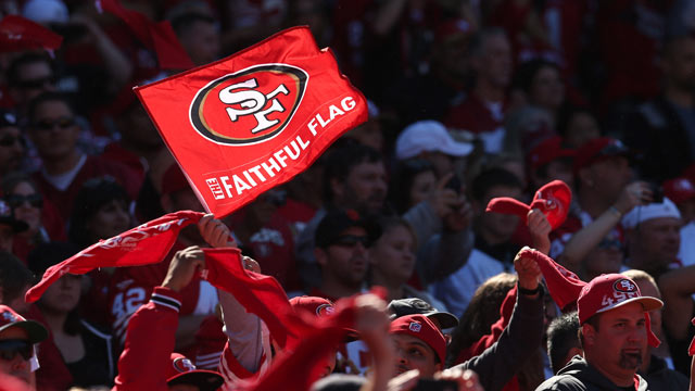 PHOTO: A 49er fan waves a flag in the game between the New York Giants and the San Francisco 49ers at Candlestick Park, Oct. 14, 2012, in San Francisco, Calif.